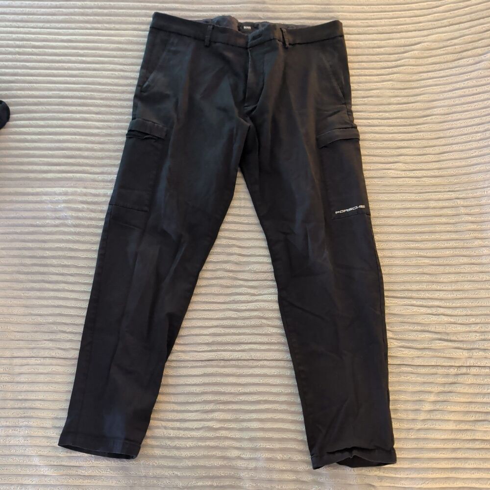 Porsche x Hugo Boss Mens 36x32 Cargo Pants Flat Front Stretch Chinos Black Zip